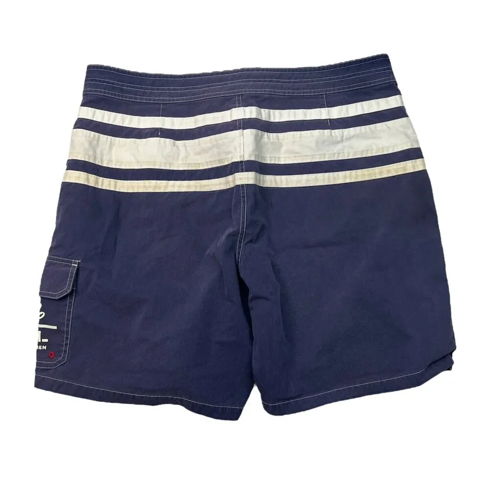 Polo Ralph Lauren Mens VTG Striped Swim Trunk Board Shorts Navy Blue White 38